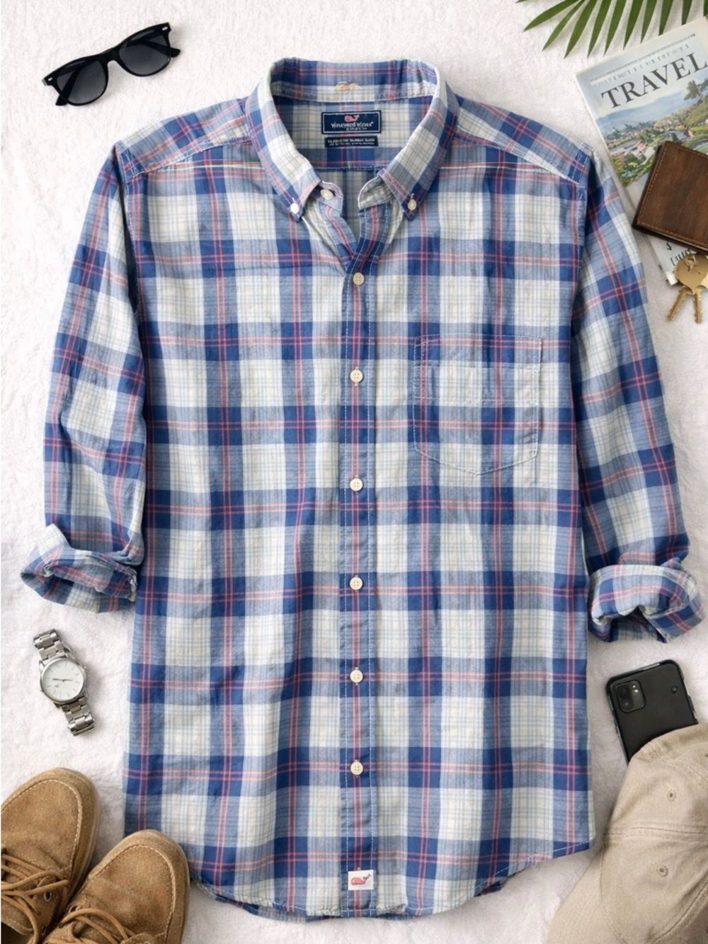 Vineyard Vines Classic Fit Murray Shirt Plaid Button Down Size L Cotton Linen